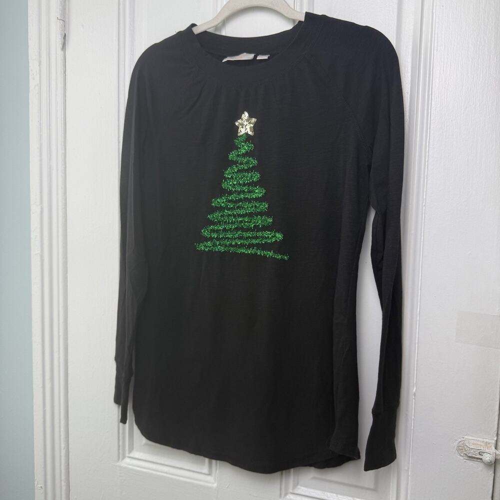 Jingle Bells Kim Gravel Garland Tree Long Sleeve Slub Knit Top Womens XS Black
